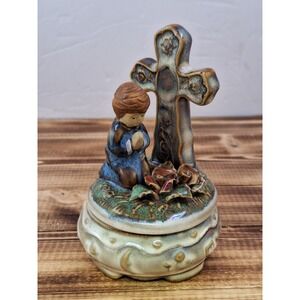 Ceramic Trinket Box With Praying Child and Cross